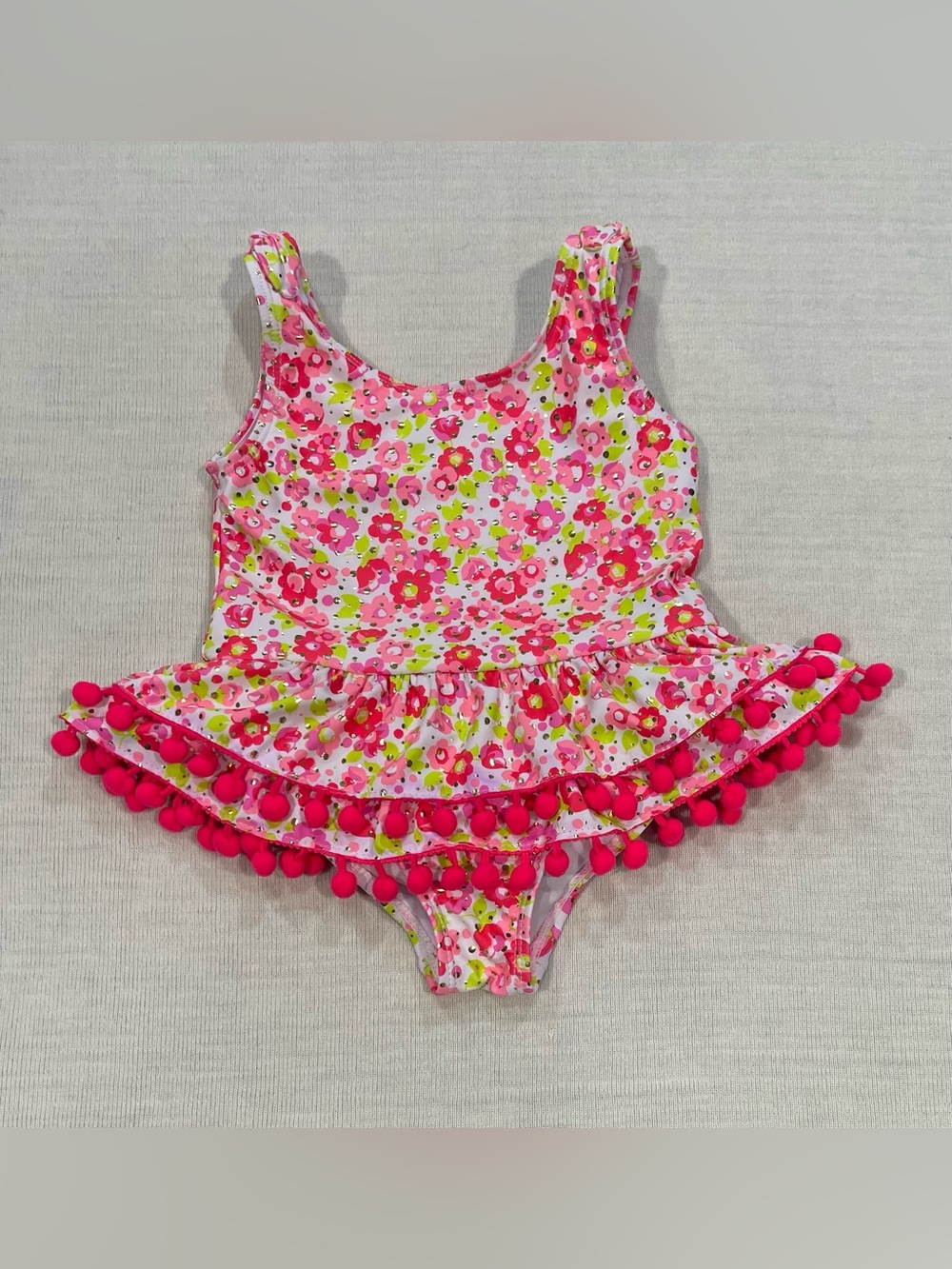 Nicole Miller Kids Pink Floral Pom-Pom Ruffle Bathing Suit Size 4